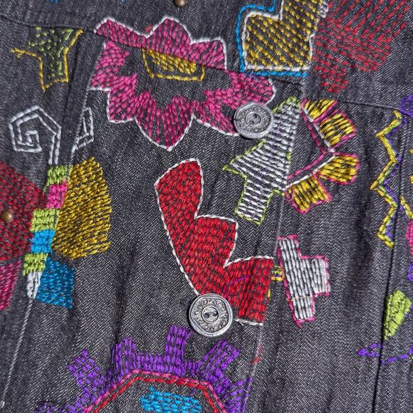 Vtg Y2K Multiples Black Denim Colorful Floral Embroidered Button Up Jacket Sz L - Picture 3 of 5